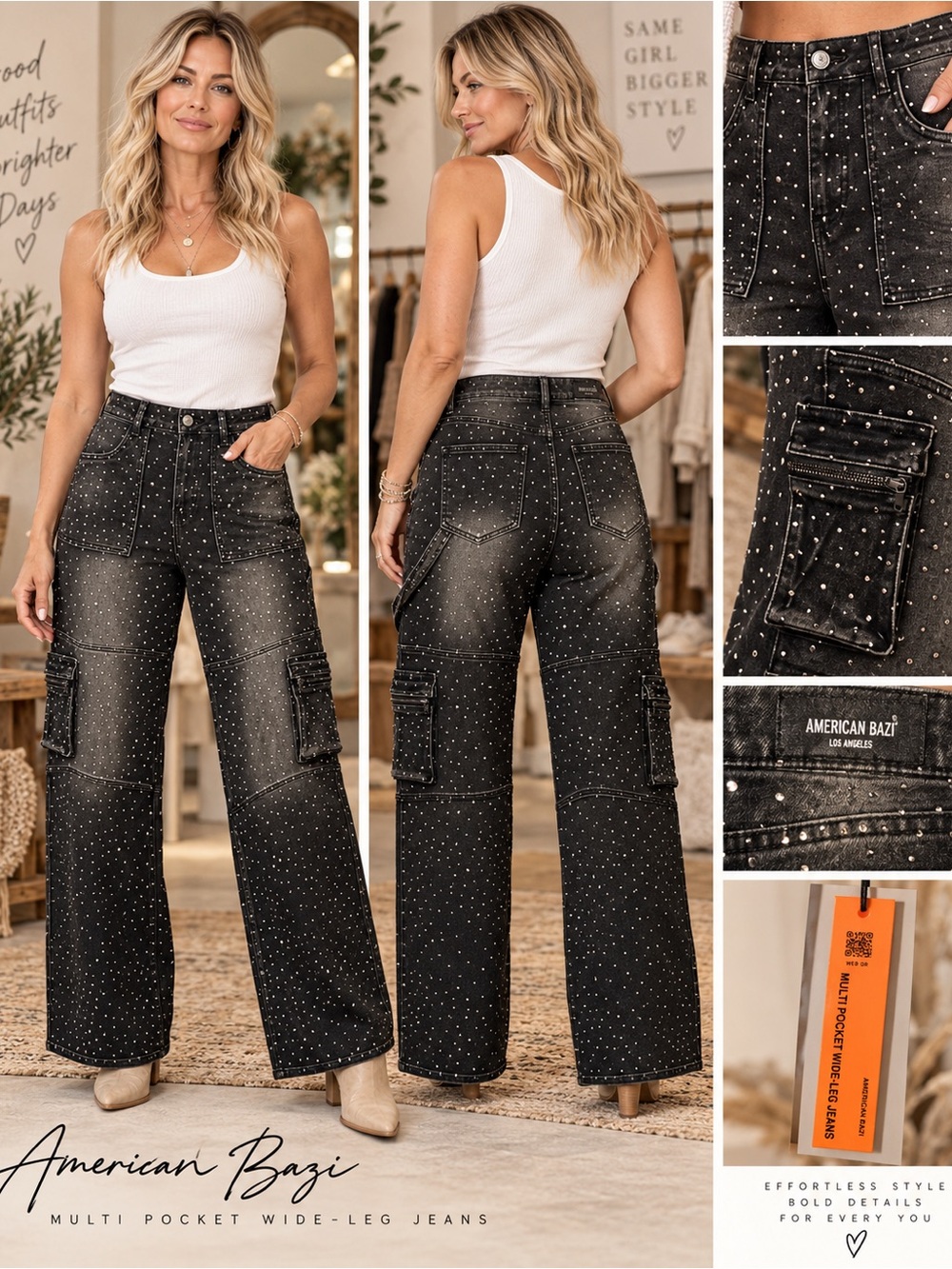 American Bazi Black Rhinestone Multi-Pocket Wide-Leg Cargo Jeans | Size S | NWT